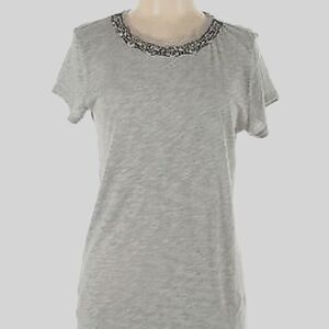 Loft Ann Taylor Gray Beaded Roundneck  Short Sleeve Pullover Top